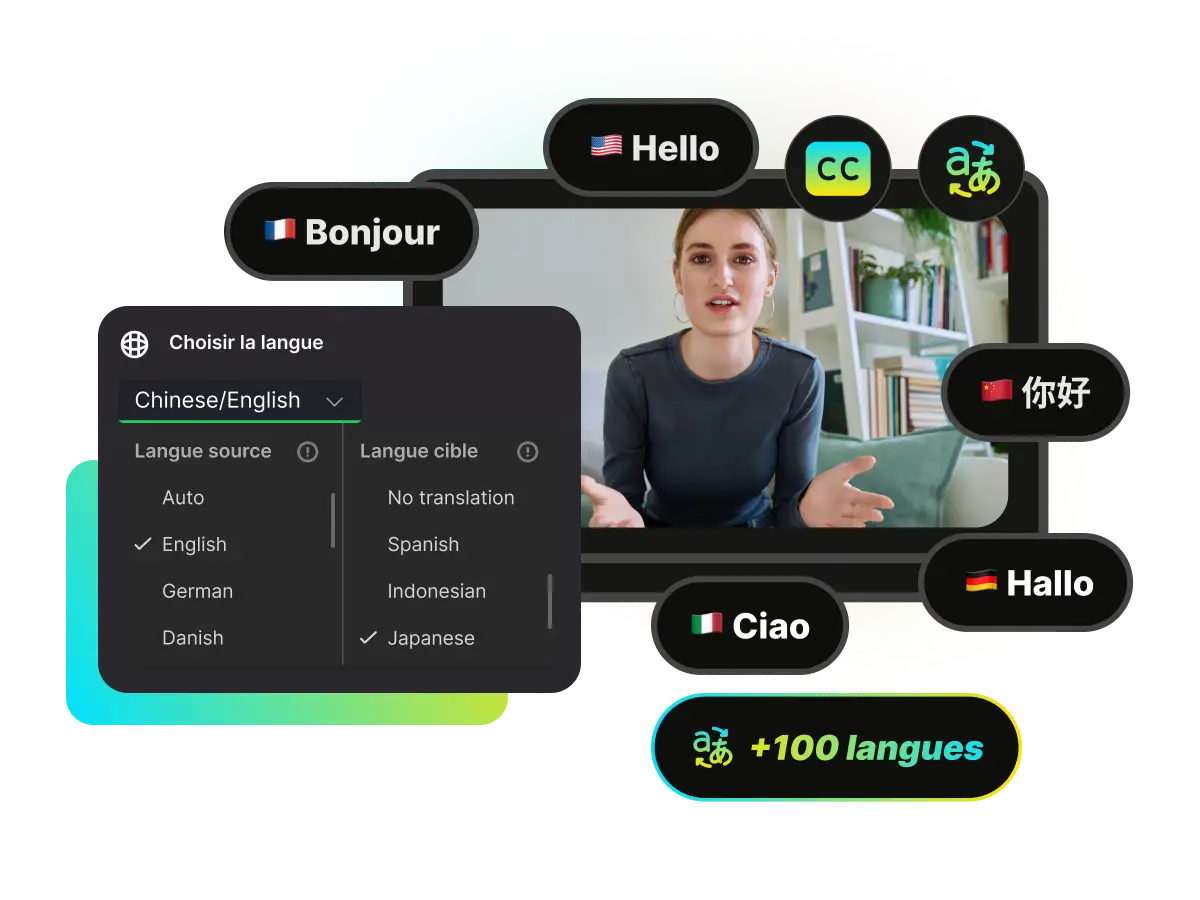 Interface vidéo affichant des sous-titres traduits dans plusieurs langues